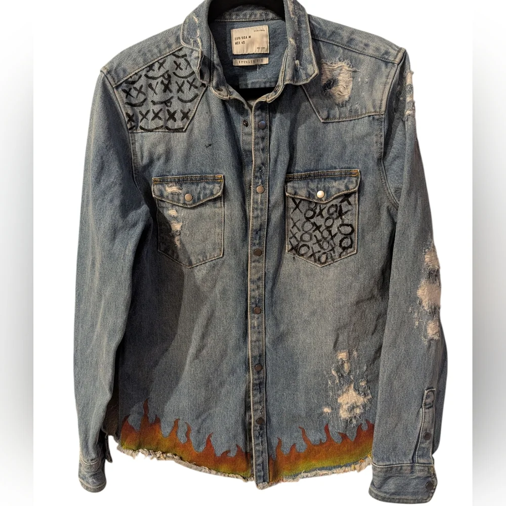 ZARA MAN Painted Denim Jean Jacket Medium Unisex - Picture 2 of 10